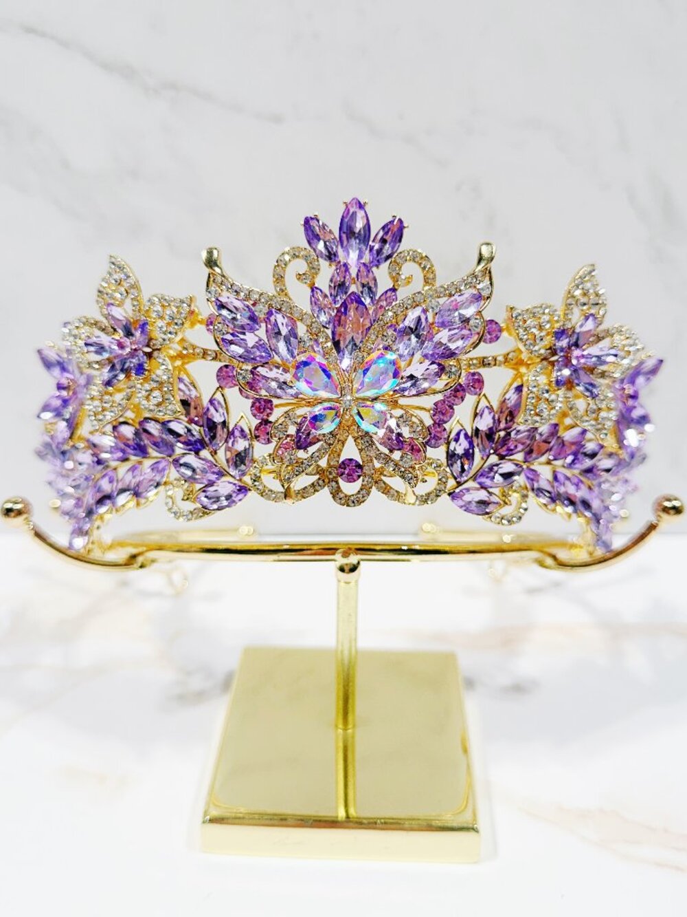 Purple Crystal Butterfly Tiara Crown Gold Tone Pageant Prom Wedding Headpiece